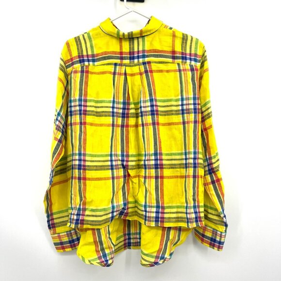 Lauren Ralph Lauren 100% Linen Yellow Plaid Low High Button Down Shirt Women L - Picture 4 of 4